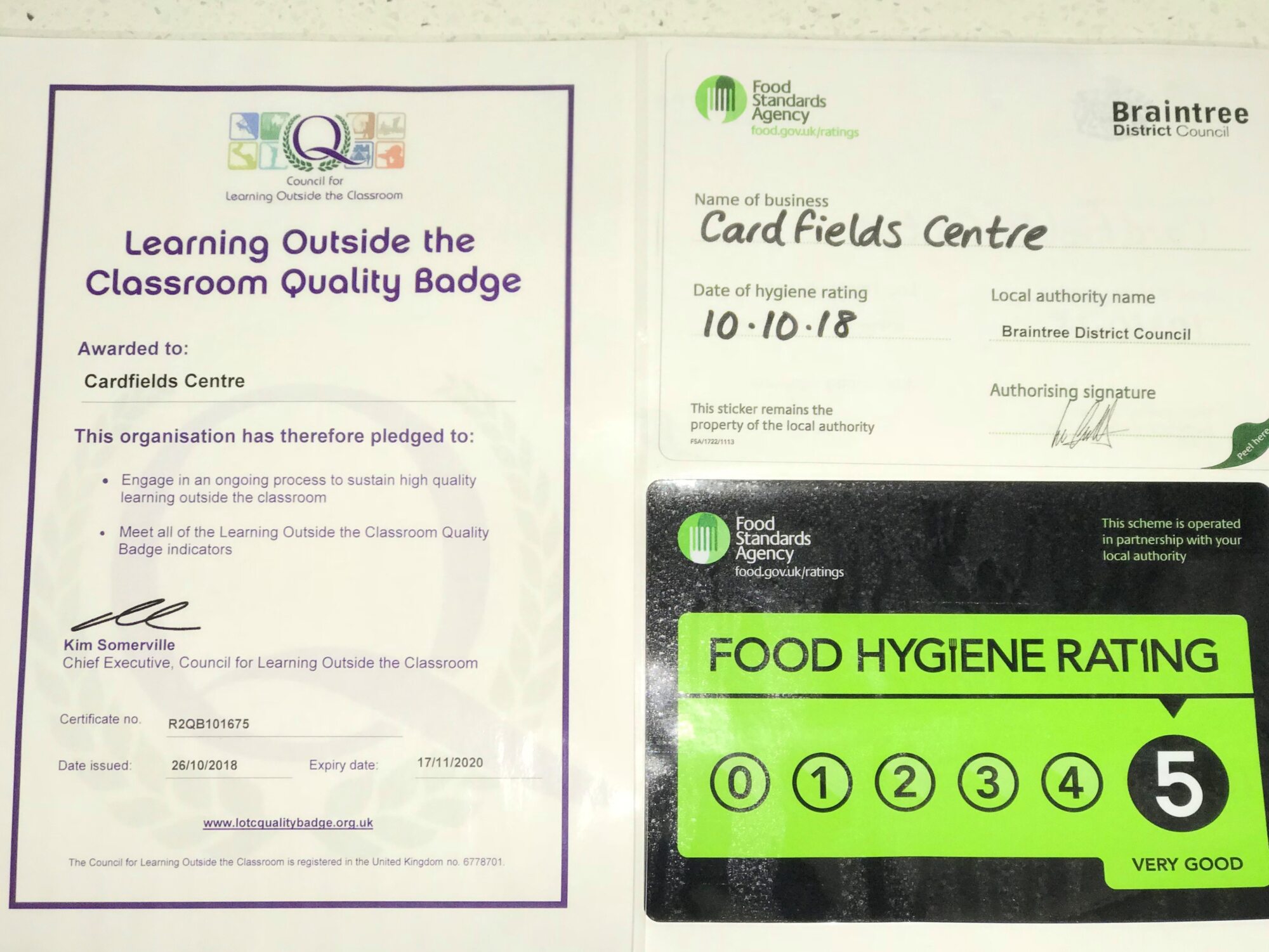 Photo of certificates and food hygiene rating